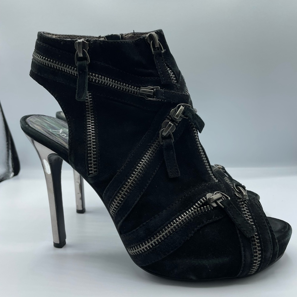 Sam Edelman Quebec Open Toe Zipper Heels Black Size 8.5 GUC Chrome Heel